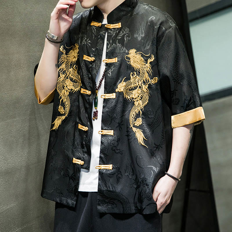 Buddha Stones Rana-Bottone Drago Cinese Ricamo Mezza Manica Camicia Lino Abbigliamento Uomo - image 9