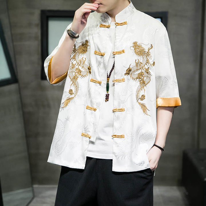Buddha Stones Rana-Bottone Drago Cinese Ricamo Mezza Manica Camicia Lino Abbigliamento Uomo