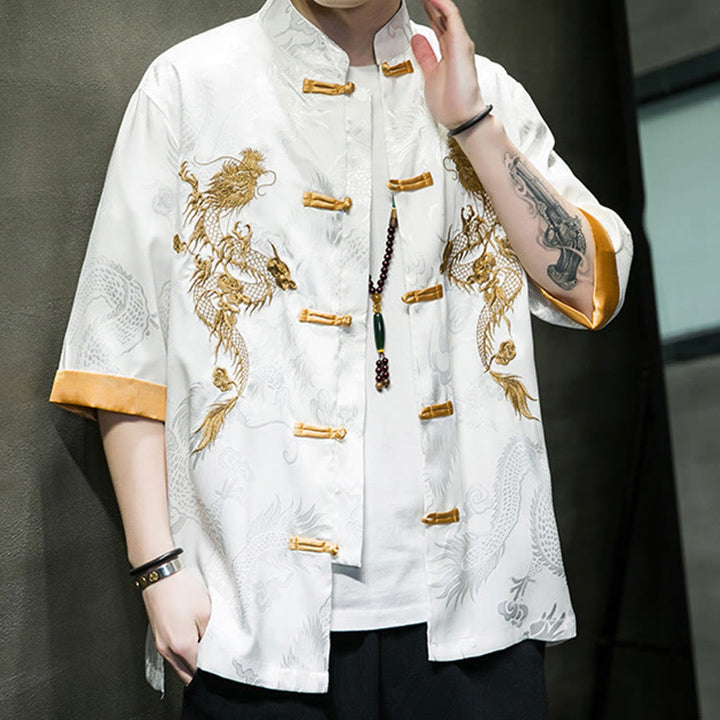 Buddha Stones Rana-Bottone Drago Cinese Ricamo Mezza Manica Camicia Lino Abbigliamento Uomo