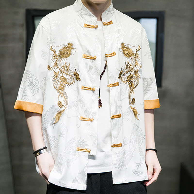 Buddha Stones Rana-Bottone Drago Cinese Ricamo Mezza Manica Camicia Lino Abbigliamento Uomo