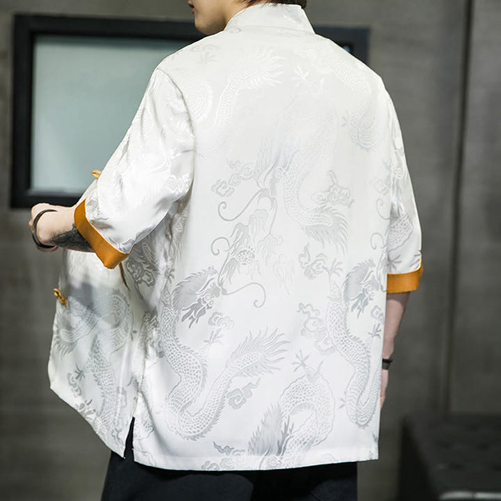 Buddha Stones Rana-Bottone Drago Cinese Ricamo Mezza Manica Camicia Lino Abbigliamento Uomo