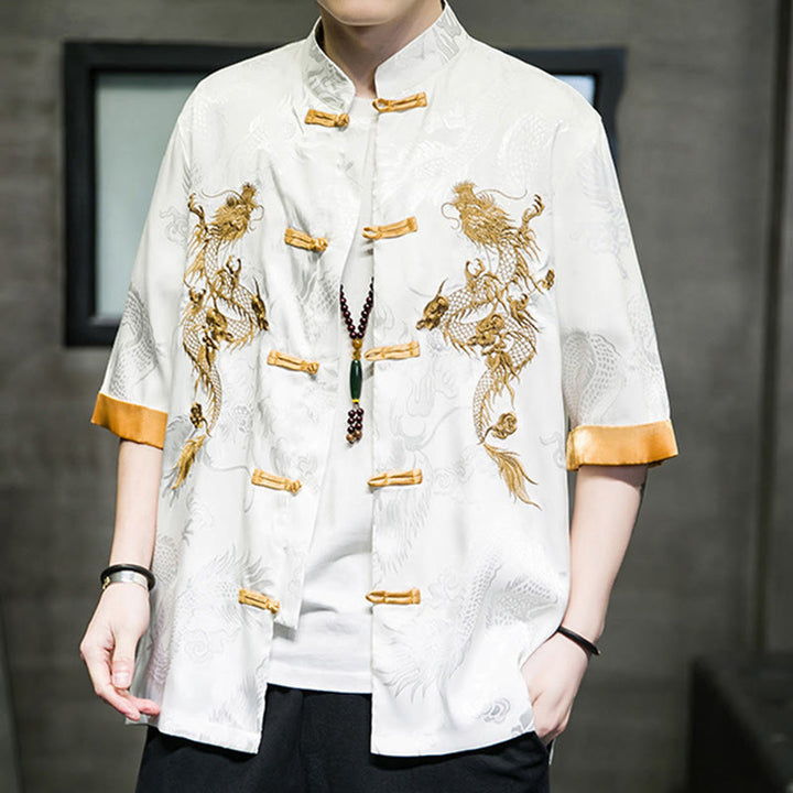Buddha Stones Rana-Bottone Drago Cinese Ricamo Mezza Manica Camicia Lino Abbigliamento Uomo