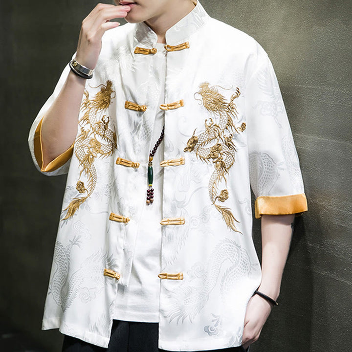 Buddha Stones Rana-Bottone Drago Cinese Ricamo Mezza Manica Camicia Lino Abbigliamento Uomo