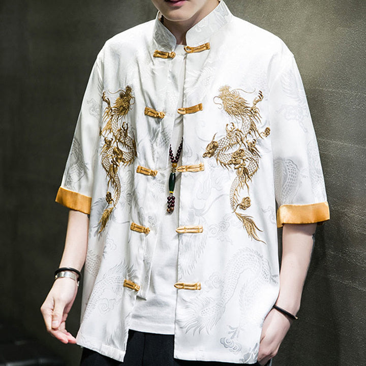Buddha Stones Rana-Bottone Drago Cinese Ricamo Mezza Manica Camicia Lino Abbigliamento Uomo - image 18