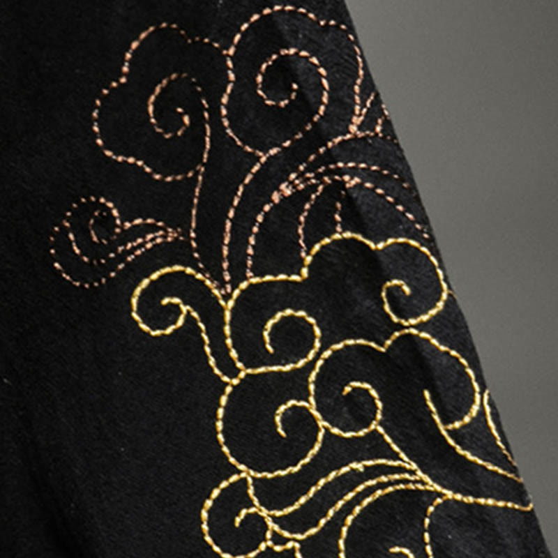 Buddha Stones Rana-Bottone Drago Cinese Nuvola di Buon Auspicio Ricamo Mezza Manica Camicia Cotone Lino Abbigliamento Uomo - image 10