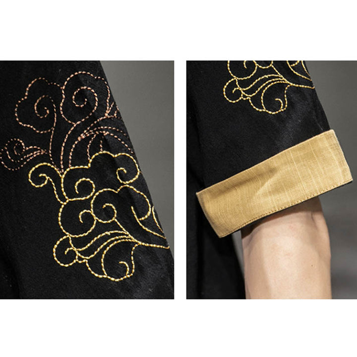 Buddha Stones Rana-Bottone Drago Cinese Nuvola di Buon Auspicio Ricamo Mezza Manica Camicia Cotone Lino Abbigliamento Uomo - image 12
