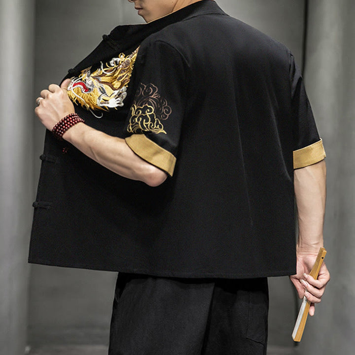 Buddha Stones Rana-Bottone Drago Cinese Nuvola di Buon Auspicio Ricamo Mezza Manica Camicia Cotone Lino Abbigliamento Uomo - image 2