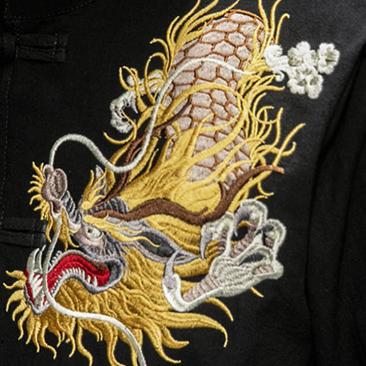 Buddha Stones Rana-Bottone Drago Cinese Nuvola di Buon Auspicio Ricamo Mezza Manica Camicia Cotone Lino Abbigliamento Uomo - image 8