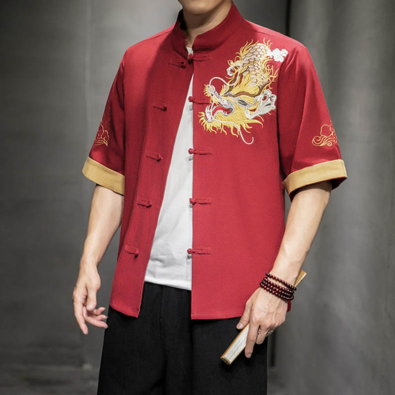Buddha Stones Rana-Bottone Drago Cinese Nuvola di Buon Auspicio Ricamo Mezza Manica Camicia Cotone Lino Abbigliamento Uomo - image 18