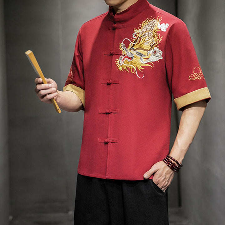 Buddha Stones Rana-Bottone Drago Cinese Nuvola di Buon Auspicio Ricamo Mezza Manica Camicia Cotone Lino Abbigliamento Uomo - image 16