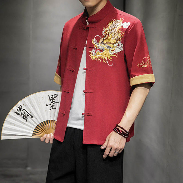 Buddha Stones Rana-Bottone Drago Cinese Nuvola di Buon Auspicio Ricamo Mezza Manica Camicia Cotone Lino Abbigliamento Uomo - Pomodoro - US/UK/AU44, EU54 (5XL)  - image 12