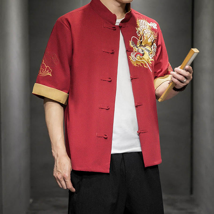 Buddha Stones Rana-Bottone Drago Cinese Nuvola di Buon Auspicio Ricamo Mezza Manica Camicia Cotone Lino Abbigliamento Uomo - image 15