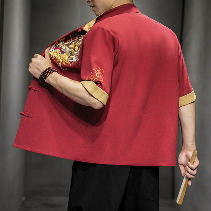 Buddha Stones Rana-Bottone Drago Cinese Nuvola di Buon Auspicio Ricamo Mezza Manica Camicia Cotone Lino Abbigliamento Uomo - image 14