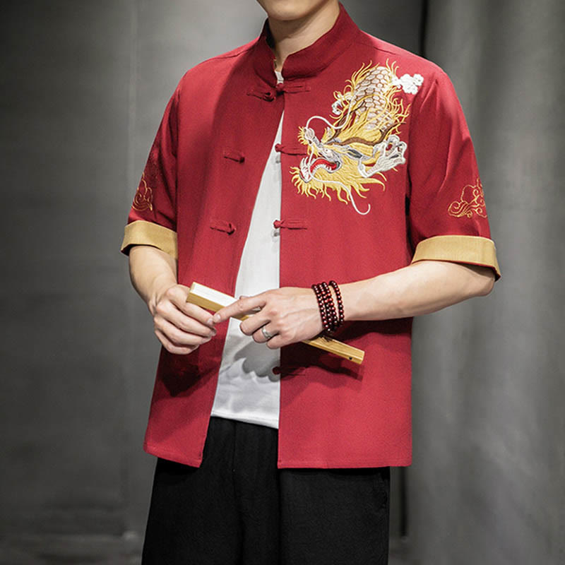 Buddha Stones Rana-Bottone Drago Cinese Nuvola di Buon Auspicio Ricamo Mezza Manica Camicia Cotone Lino Abbigliamento Uomo - image 19