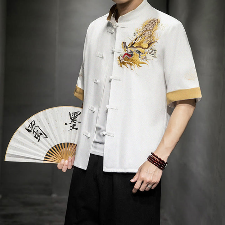 Buddha Stones Rana-Bottone Drago Cinese Nuvola di Buon Auspicio Ricamo Mezza Manica Camicia Cotone Lino Abbigliamento Uomo - Bianco - US/UK/AU44, EU54 (5XL)  - image 20