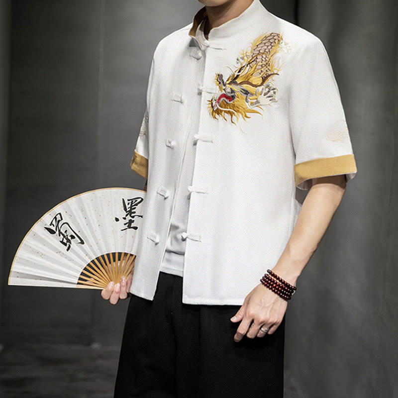 Buddha Stones Rana-Bottone Drago Cinese Nuvola di Buon Auspicio Ricamo Mezza Manica Camicia Cotone Lino Abbigliamento Uomo - Bianco - US/UK/AU44, EU54 (5XL)  - image 20