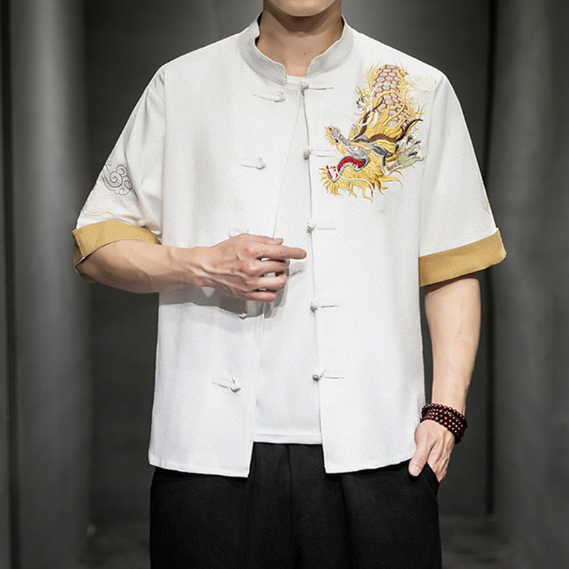Buddha Stones Rana-Bottone Drago Cinese Nuvola di Buon Auspicio Ricamo Mezza Manica Camicia Cotone Lino Abbigliamento Uomo - image 23