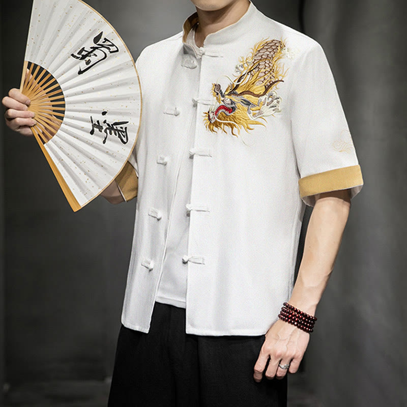 Buddha Stones Rana-Bottone Drago Cinese Nuvola di Buon Auspicio Ricamo Mezza Manica Camicia Cotone Lino Abbigliamento Uomo - image 21