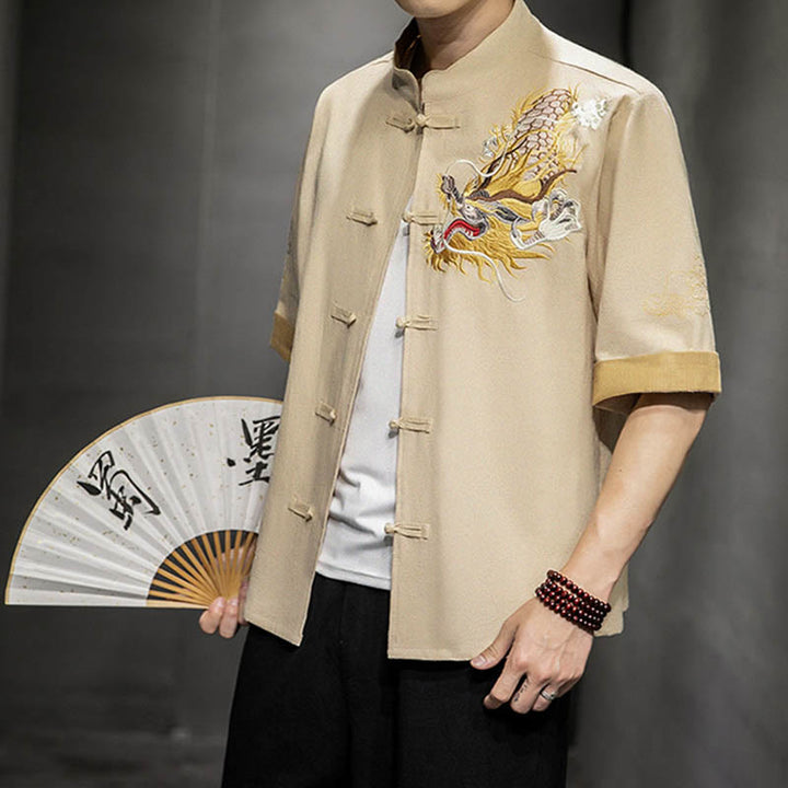 Buddha Stones Rana-Bottone Drago Cinese Nuvola di Buon Auspicio Ricamo Mezza Manica Camicia Cotone Lino Abbigliamento Uomo - Biancheria - US/UK/AU44, EU54 (5XL)  - image 26