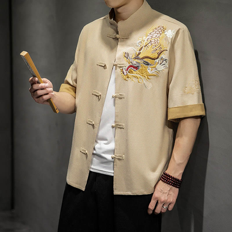 Buddha Stones Rana-Bottone Drago Cinese Nuvola di Buon Auspicio Ricamo Mezza Manica Camicia Cotone Lino Abbigliamento Uomo - image 32
