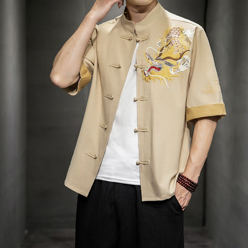 Buddha Stones Rana-Bottone Drago Cinese Nuvola di Buon Auspicio Ricamo Mezza Manica Camicia Cotone Lino Abbigliamento Uomo - image 31