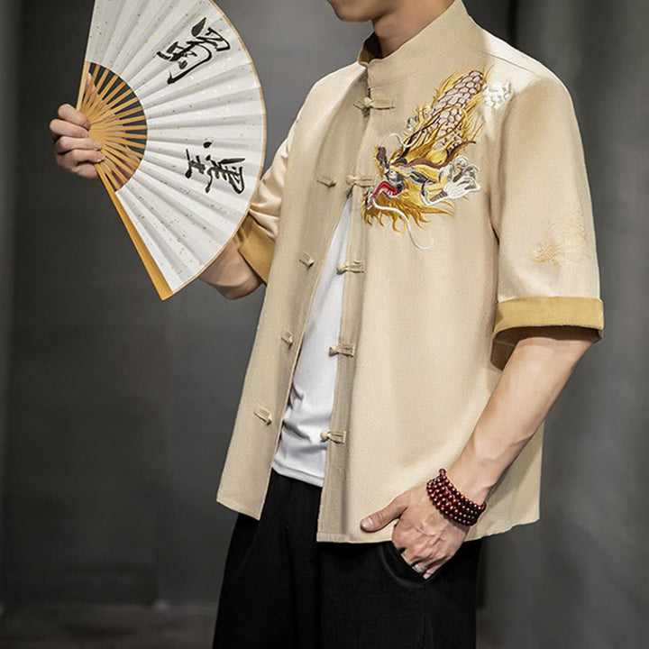 Buddha Stones Rana-Bottone Drago Cinese Nuvola di Buon Auspicio Ricamo Mezza Manica Camicia Cotone Lino Abbigliamento Uomo - image 29