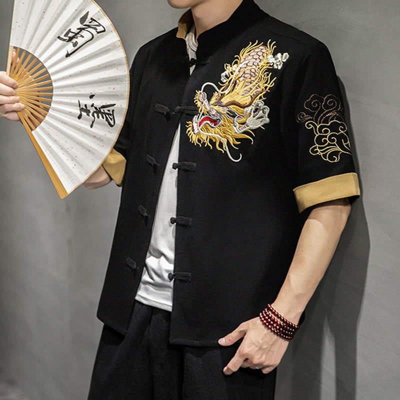 Buddha Stones Rana-Bottone Drago Cinese Nuvola di Buon Auspicio Ricamo Mezza Manica Camicia Cotone Lino Abbigliamento Uomo - image 1