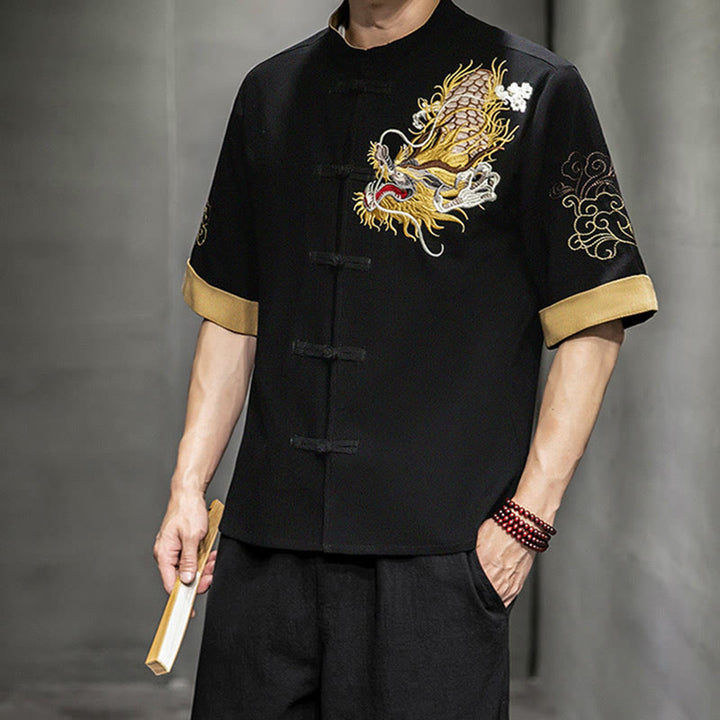 Buddha Stones Rana-Bottone Drago Cinese Nuvola di Buon Auspicio Ricamo Mezza Manica Camicia Cotone Lino Abbigliamento Uomo - image 6