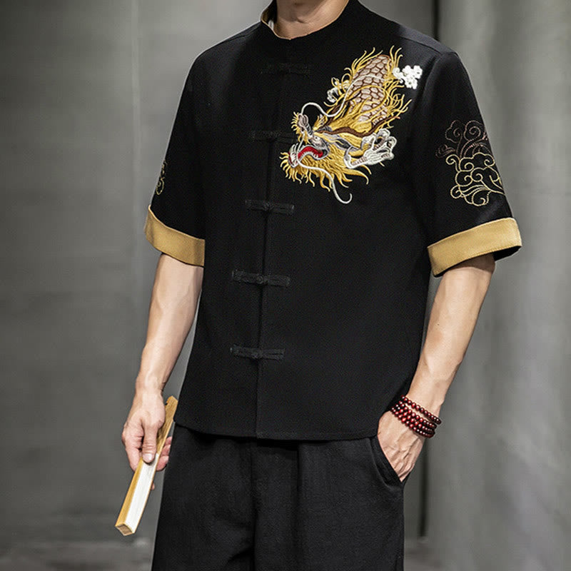 Buddha Stones Rana-Bottone Drago Cinese Nuvola di Buon Auspicio Ricamo Mezza Manica Camicia Cotone Lino Abbigliamento Uomo - image 6