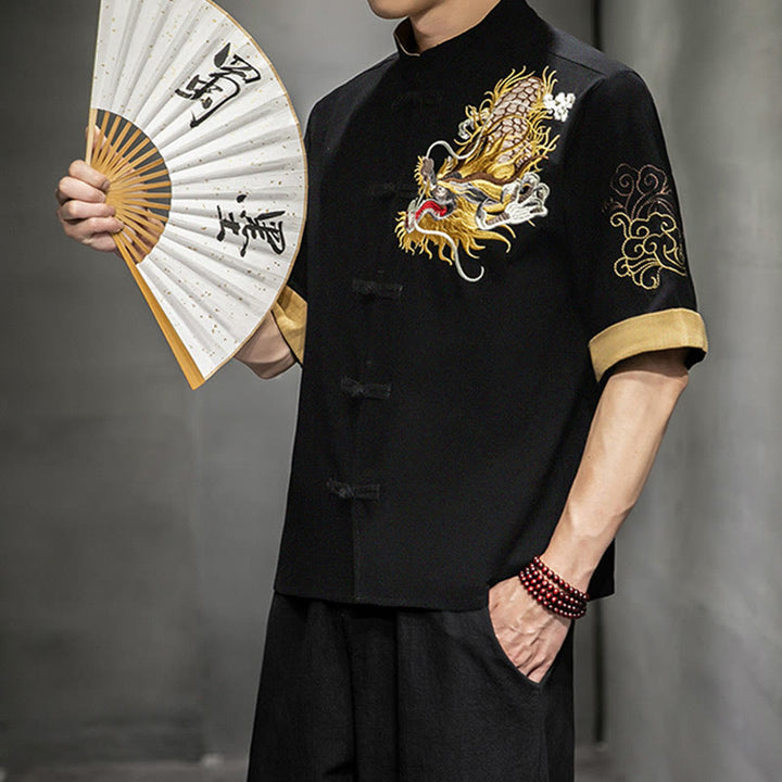 Buddha Stones Rana-Bottone Drago Cinese Nuvola di Buon Auspicio Ricamo Mezza Manica Camicia Cotone Lino Abbigliamento Uomo - image 4