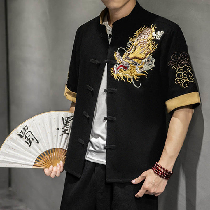 Buddha Stones Rana-Bottone Drago Cinese Nuvola di Buon Auspicio Ricamo Mezza Manica Camicia Cotone Lino Abbigliamento Uomo - Nero - US/UK/AU44, EU54 (5XL)  - image 0