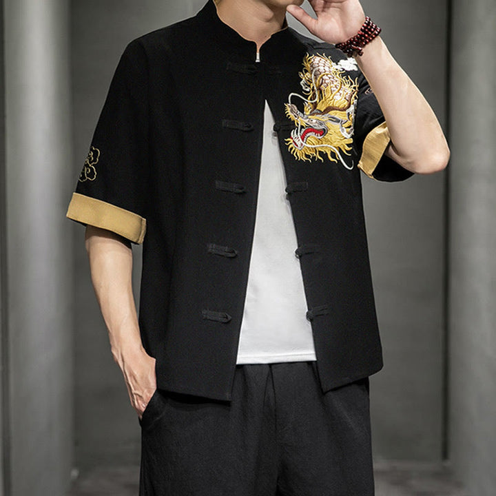 Buddha Stones Rana-Bottone Drago Cinese Nuvola di Buon Auspicio Ricamo Mezza Manica Camicia Cotone Lino Abbigliamento Uomo - image 3