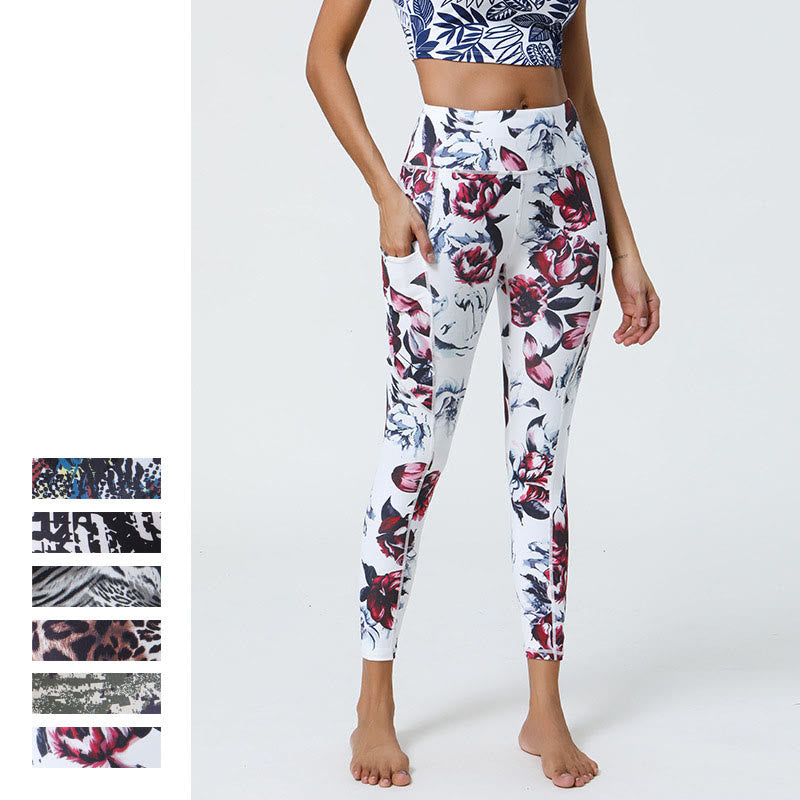 Buddha Stones Rose Lines Tiger Leopard Print Leggings sportivi a vita alta Pantaloni da yoga da donna con tasche - image 3