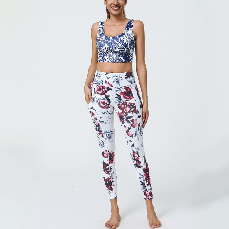 Buddha Stones Rose Lines Tiger Leopard Print Leggings sportivi a vita alta Pantaloni da yoga da donna con tasche