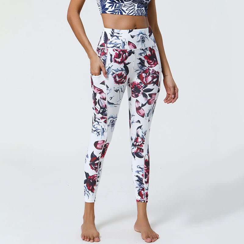 Buddha Stones Rose Lines Tiger Leopard Print Leggings sportivi a vita alta Pantaloni da yoga da donna con tasche - Rosa bianca rossa - US12, UK/AU16, EU44 (XL) - image 0