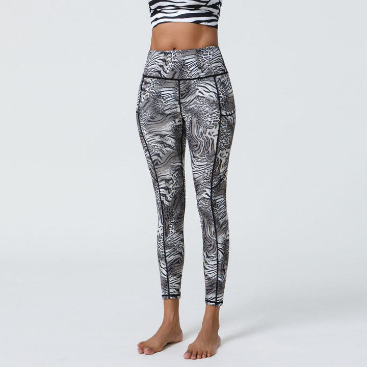 Buddha Stones Rose Lines Tiger Leopard Print Leggings sportivi a vita alta Pantaloni da yoga da donna con tasche - Modello tigre bianco e nero - US12, UK/AU16, EU44 (XL) - image 10