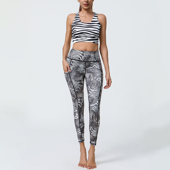 Buddha Stones Rose Lines Tiger Leopard Print Leggings sportivi a vita alta Pantaloni da yoga da donna con tasche