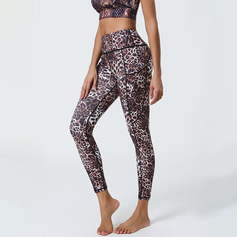 Buddha Stones Rose Lines Tiger Leopard Print Leggings sportivi a vita alta Pantaloni da yoga da donna con tasche