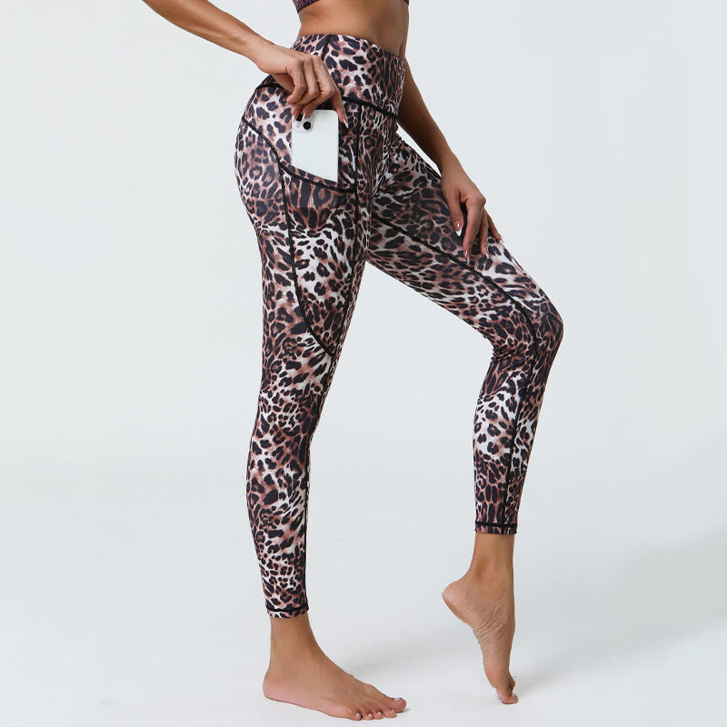 Buddha Stones Rose Lines Tiger Leopard Print Leggings sportivi a vita alta Pantaloni da yoga da donna con tasche