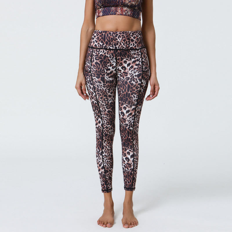 Buddha Stones Rose Lines Tiger Leopard Print Leggings sportivi a vita alta Pantaloni da yoga da donna con tasche - Motivo leopardo marrone - US12, UK/AU16, EU44 (XL) - image 15