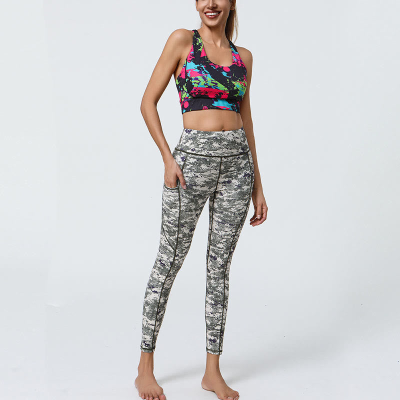 Buddha Stones Rose Lines Tiger Leopard Print Leggings sportivi a vita alta Pantaloni da yoga da donna con tasche