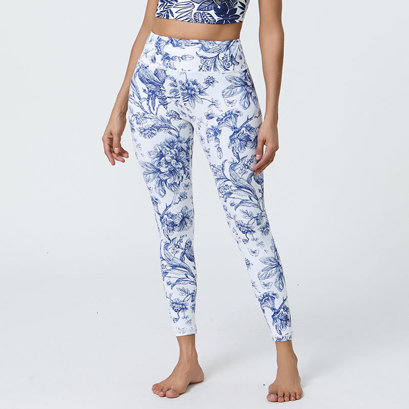 Buddha Stones Fiori Foglie Dente di leone Ananas Stampa Sport Fitness Vita alta Leggings Pantaloni da yoga da donna - Fiori azzurri - US12, UK/AU16, EU44 (XL) - image 1