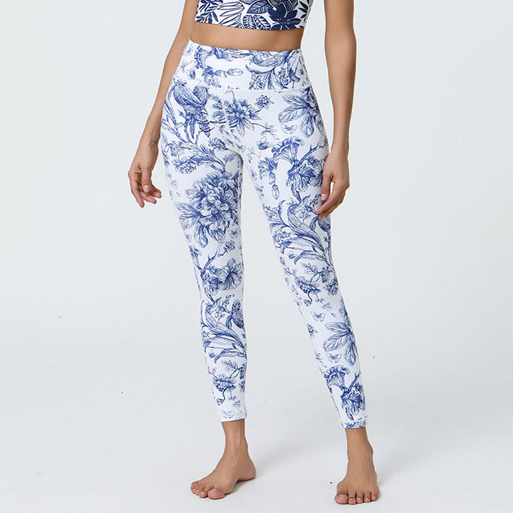 Buddha Stones Fiori Foglie Dente di leone Ananas Stampa Sport Fitness Vita alta Leggings Pantaloni da yoga da donna - Fiori azzurri - US12, UK/AU16, EU44 (XL) - image 1
