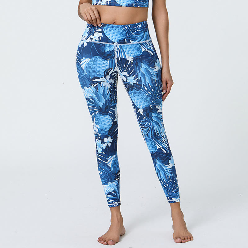 Buddha Stones Fiori Foglie Dente di leone Ananas Stampa Sport Fitness Vita alta Leggings Pantaloni da yoga da donna - Ananas blu scuro - US12, UK/AU16, EU44 (XL) - image 18