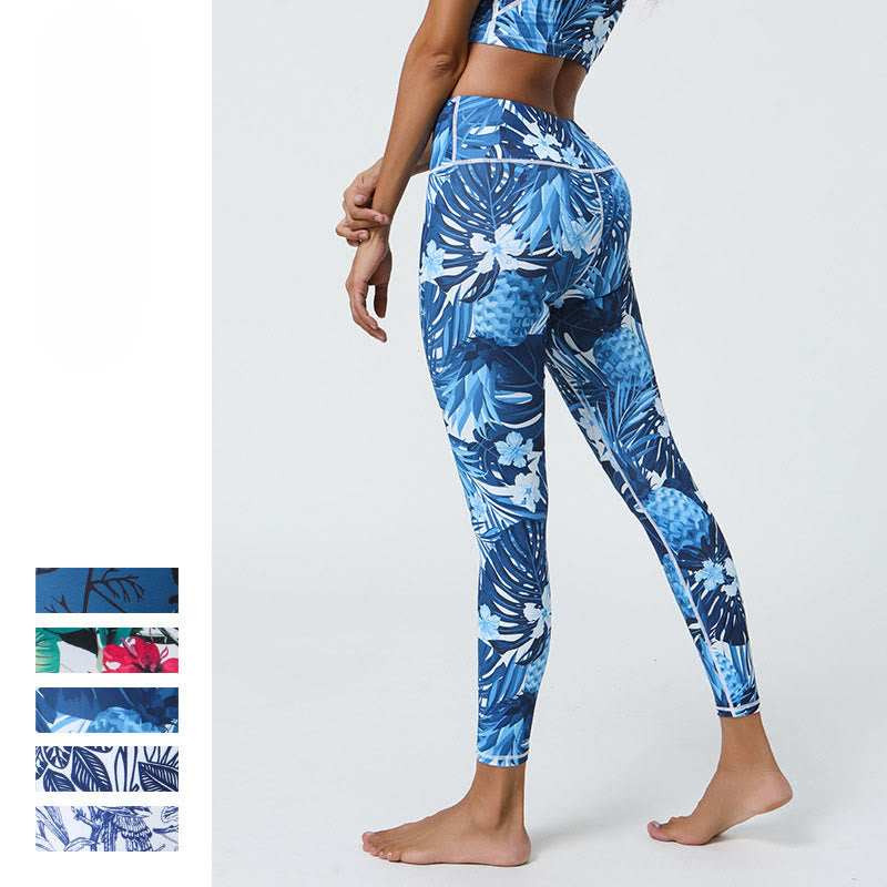 Buddha Stones Fiori Foglie Dente di leone Ananas Stampa Sport Fitness Vita alta Leggings Pantaloni da yoga da donna