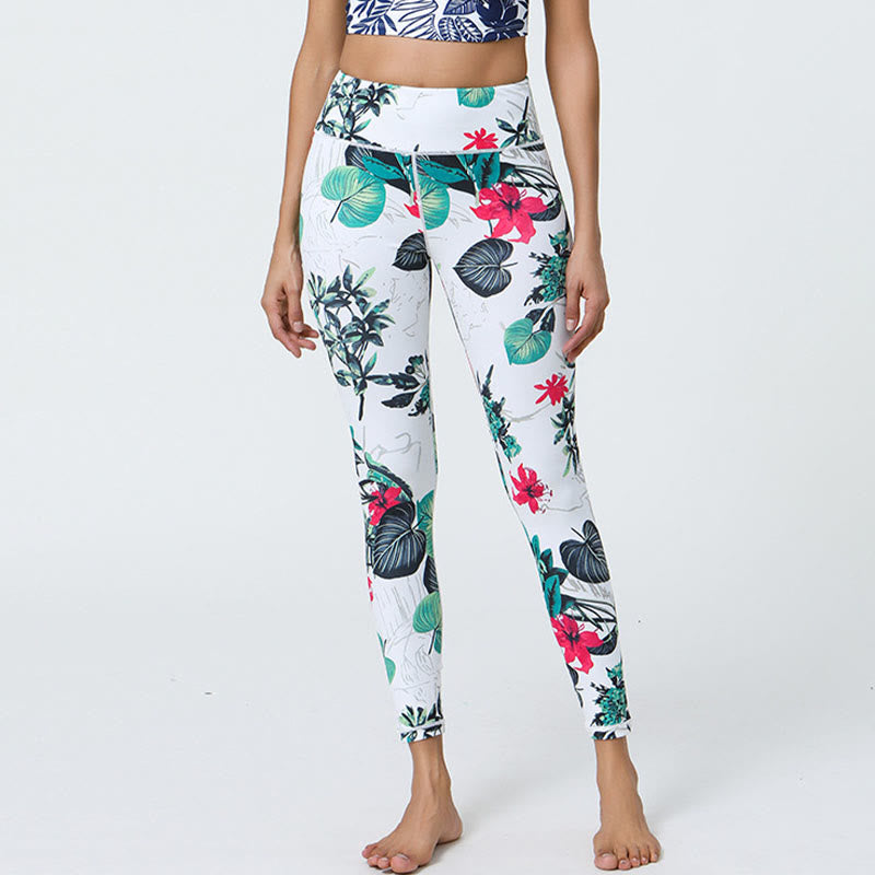 Buddha Stones Fiori Foglie Dente di leone Ananas Stampa Sport Fitness Vita alta Leggings Pantaloni da yoga da donna - Fiori bianchi e verdi con foglie - US12, UK/AU16, EU44 (XL) - image 7