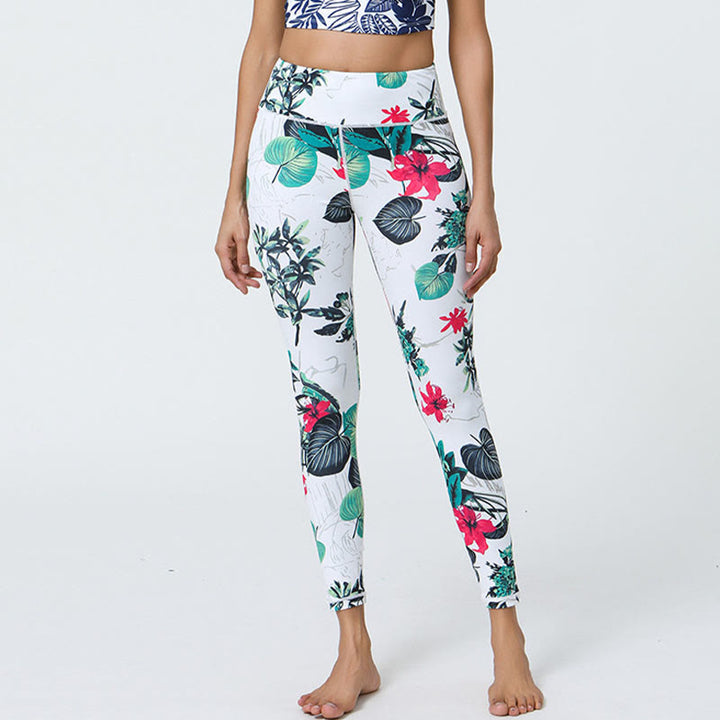 Buddha Stones Fiori Foglie Dente di leone Ananas Stampa Sport Fitness Vita alta Leggings Pantaloni da yoga da donna - Fiori bianchi e verdi con foglie - US12, UK/AU16, EU44 (XL) - image 7