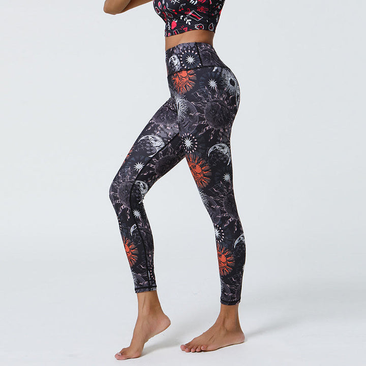 Buddha Stones Fiori Piume Sole Luna Stampa Sport Fitness Yoga Vita Alta Leggings Pantaloni Donna