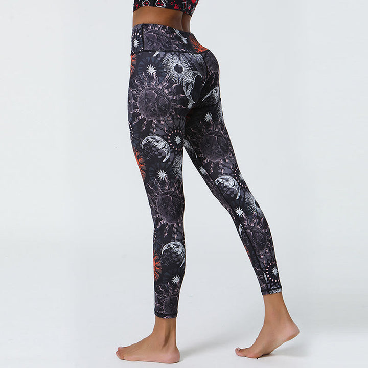 Buddha Stones Fiori Piume Sole Luna Stampa Sport Fitness Yoga Vita Alta Leggings Pantaloni Donna