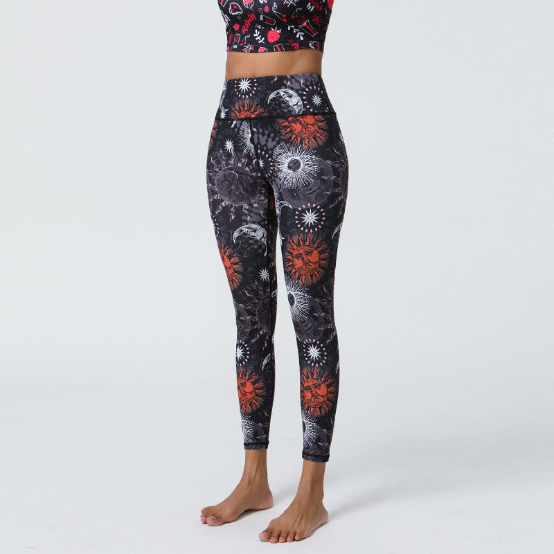 Leggings da donna a vita alta con stampa Buddha Stones, fiori, piume, sole e luna, ideali per sport, fitness e yoga. - Sole Nero Rosso Luna Bianca - US12, UK/AU16, EU44 (XL) - image 5